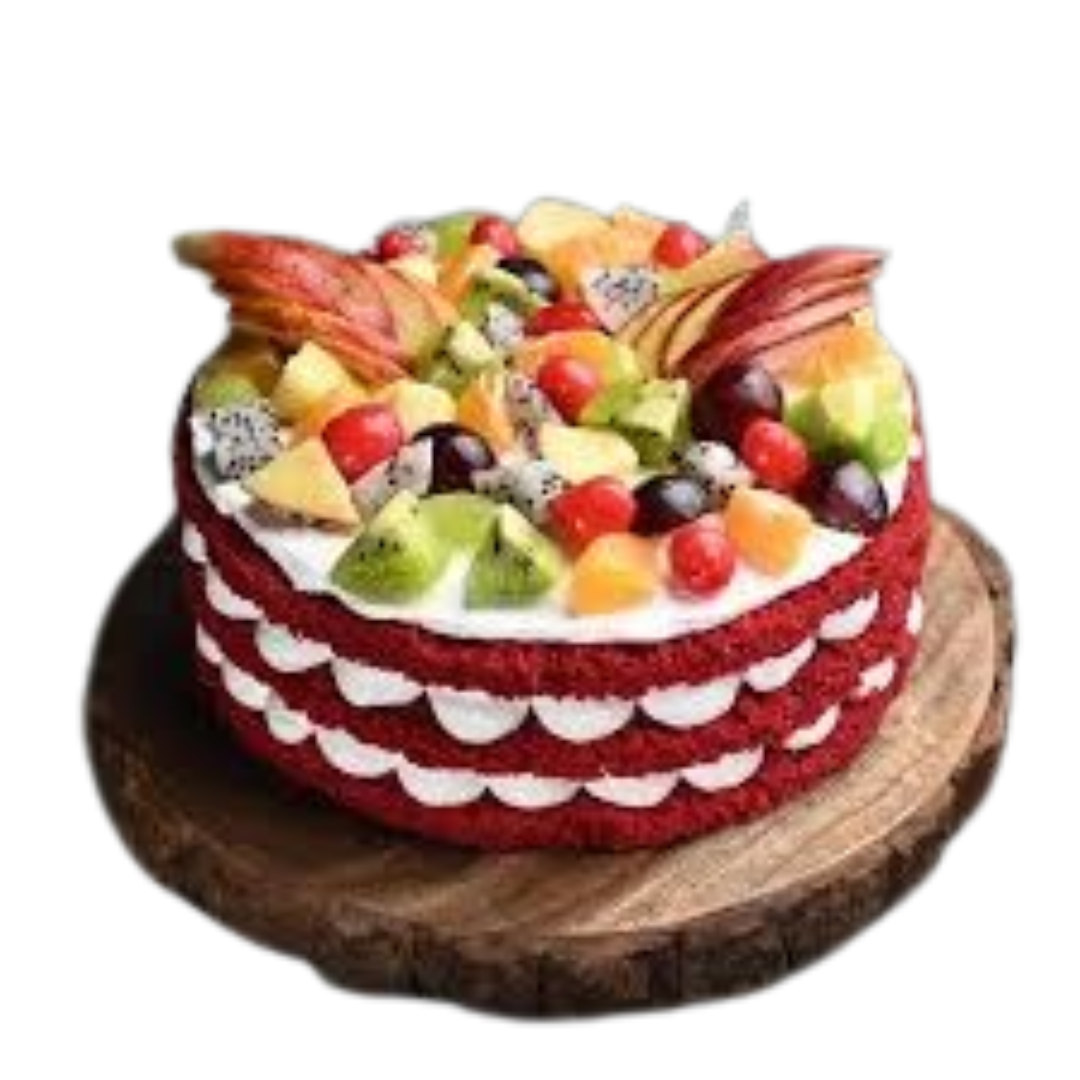 Fresh Fruits Topped Red Velvet Cake