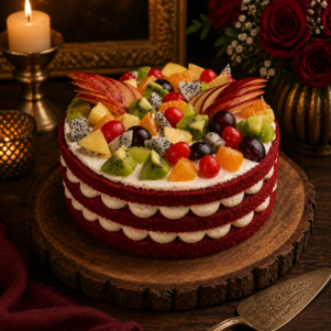 Fresh Fruits Topped Red Velvet Cake | Bakers Corner