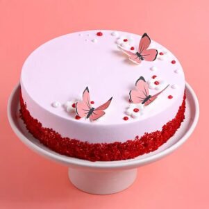 Pink Butterfly N Flowers Red Velvet Cake