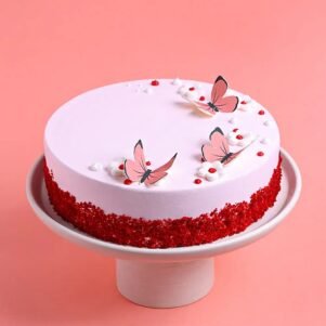 Pink Butterfly N Flowers Red Velvet Cake
