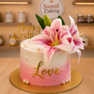 Pink Lily Love Theme Birthday Cake | Bakers Corner